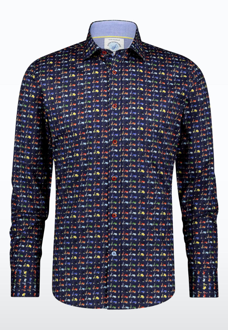 Scooter Design Long Sleeve Shirt- Navy