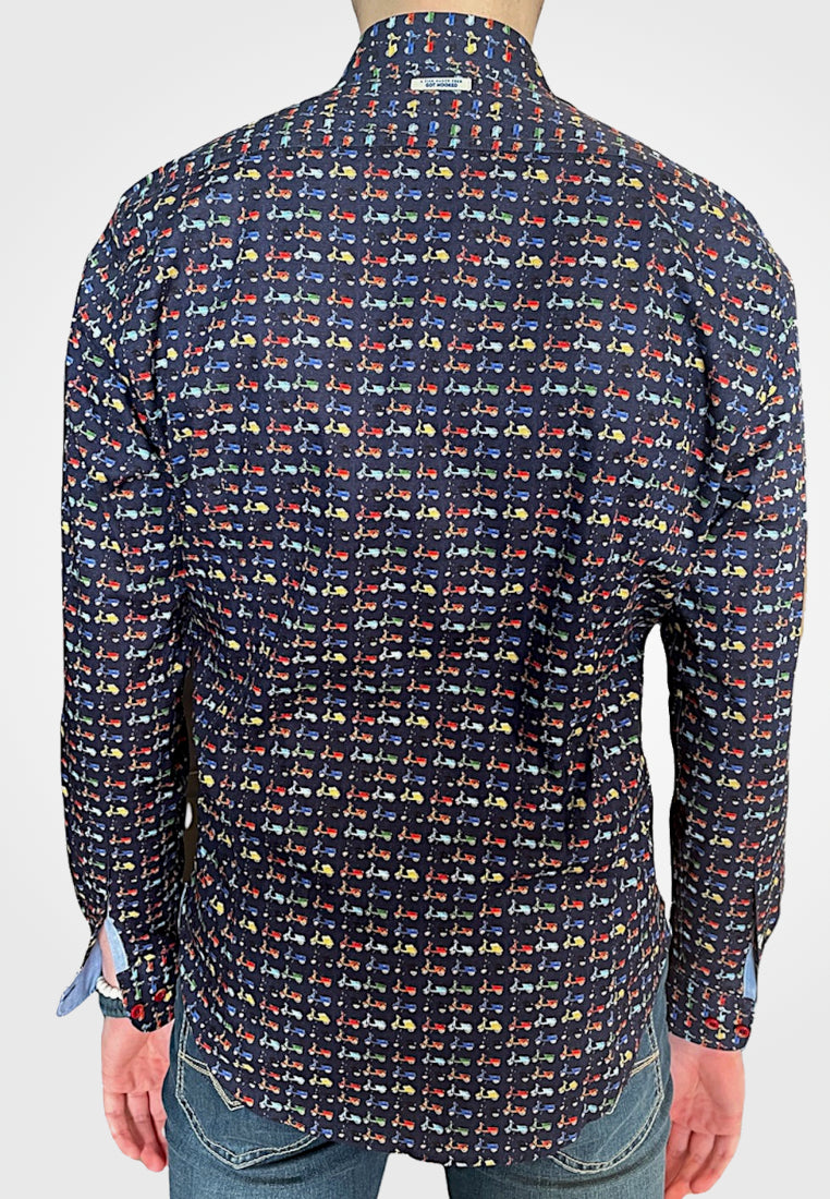 Scooter Design Long Sleeve Shirt- Navy